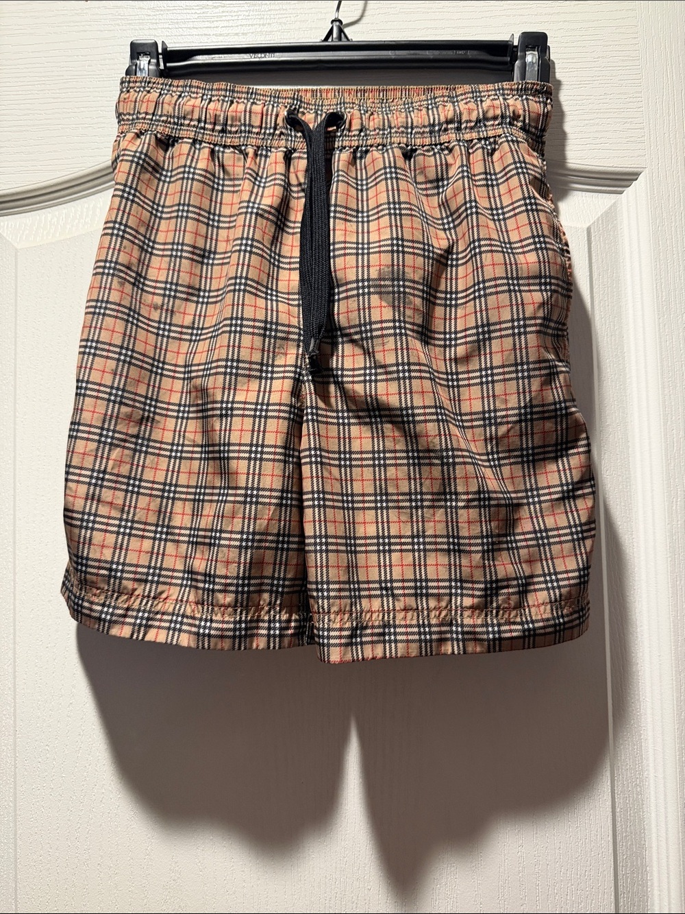 Burberry Kids Beige Plaid Swim Trunks with Black Drawstring